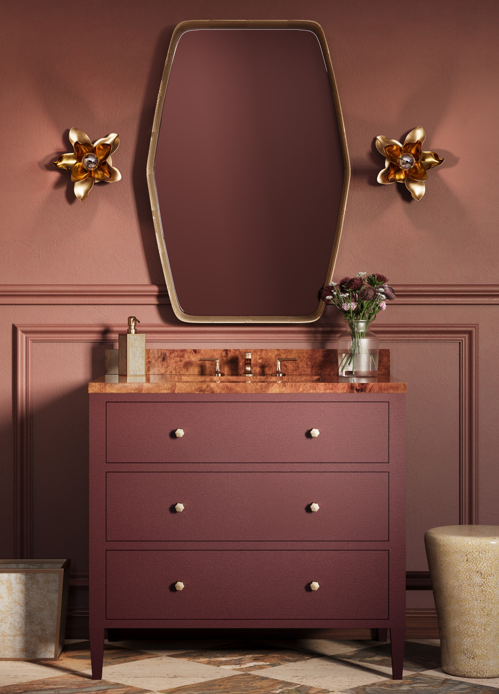 Jarin vanity in oxblood in a bathroom setting
